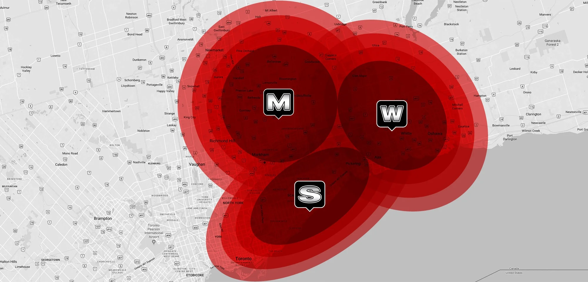 Map of coverage areas across Markham, Whitby and Scarborough